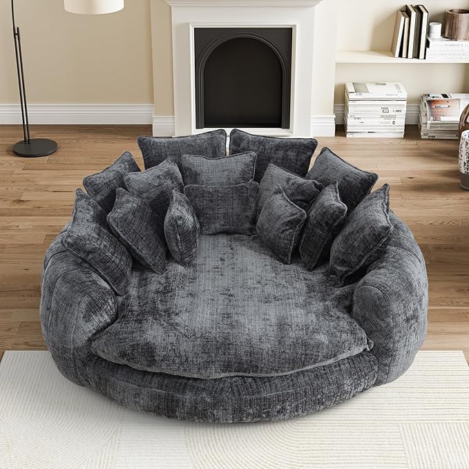 81" Oversized Bean Bag Chair Boneless Round Chaise Lounge Comfy Chenille Reading Chair Fluffy Plush Sofa Bed Large Deep Seat Circle Cloud Couch for Living Room, Bedroom, Apartment, Dark Gray