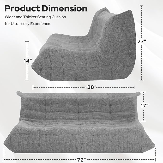 HABUTWAY Bean Bag Chairs Fireside Lazy Floor Sofa, Soft Teddy Fleece 3 Seater Sofa with High-Resilience Foam Filling，Beanbag for Living Room, Bedroom, Office (Light Gray Teddy)