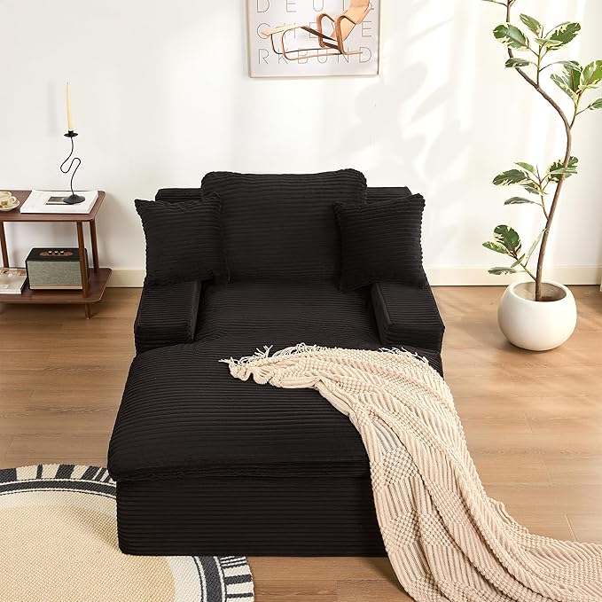 63" Oversized Boneless Chaise Lounge Chair, Extra Cloud Layer, Convertible Sleeper Sofa Couch with Removable Pillows & Side Pockets, Corduroy Upholstered Sofa Bed with Armrests for Living Room, Black