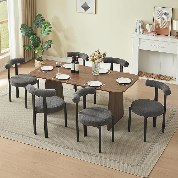 Kiztir Boucle Dining Chairs Set of 6, Modern Dining Room Chairs with Curved Backrest and Black Metal Legs, Upholstered Round Dining Accent Chairs for Kitchen, Living Room, Bedroom (Gray)