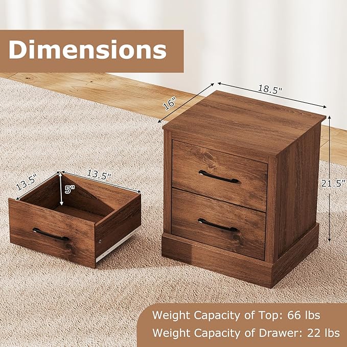 SIMOE Walnut Farmhouse Nightstand, Wooden Bedside Table with 2 Storage Drawers, Compact Floor-Standing Night Stand, Accent Sofa Side Table for Bedrooms