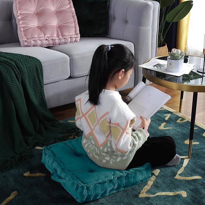 vctops Square Solid Color Velvet Seat Cushion with Handle Tufted Thicken Chair Pad Tatami Floor Pillow Cushion 16.5"x16.5"x4" Blue