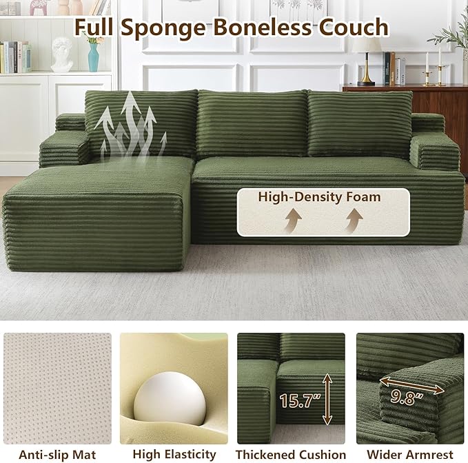 96.1" Modular Sectional Sofa Couches L-Shape Couch 3 Seat Modular Sofa Corduroy Memory Foam Sectional Boneless Couches for Living Room, Cloud Couch with Oversized Chaise(Green, Left Facing)