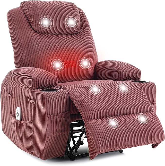 Massage Recliner Chair with Heat - Ultra-Comfortable Reclining (135° Adjustable), Dual Cup Holders & Side Storage Pockets, Easy Tool Assembly, Dark Green