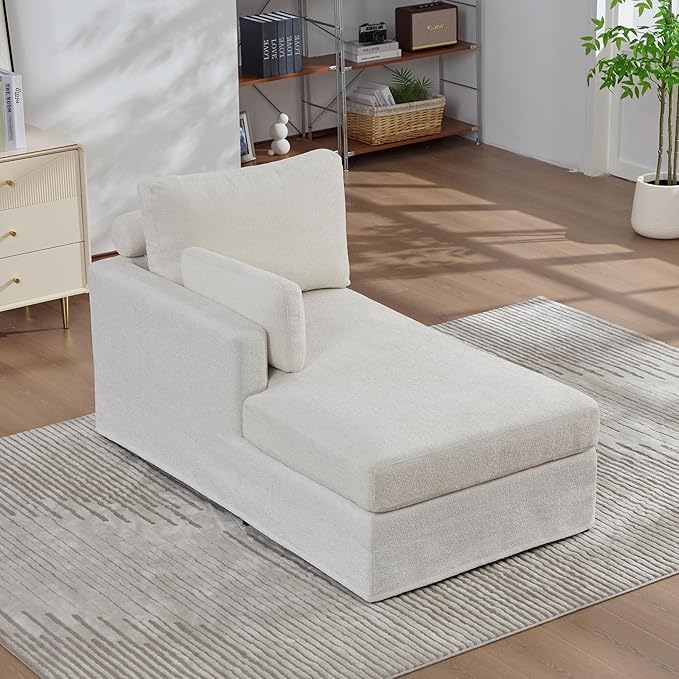 KEIKI 60" Chaise Lounge Chair Indoor, Modern Deep Seat Sofa Bed, Corduroy Couch with Cushions, Single Sleeper Chair for Living Room, Bedroom, Apartments, Lvory (Left Side)