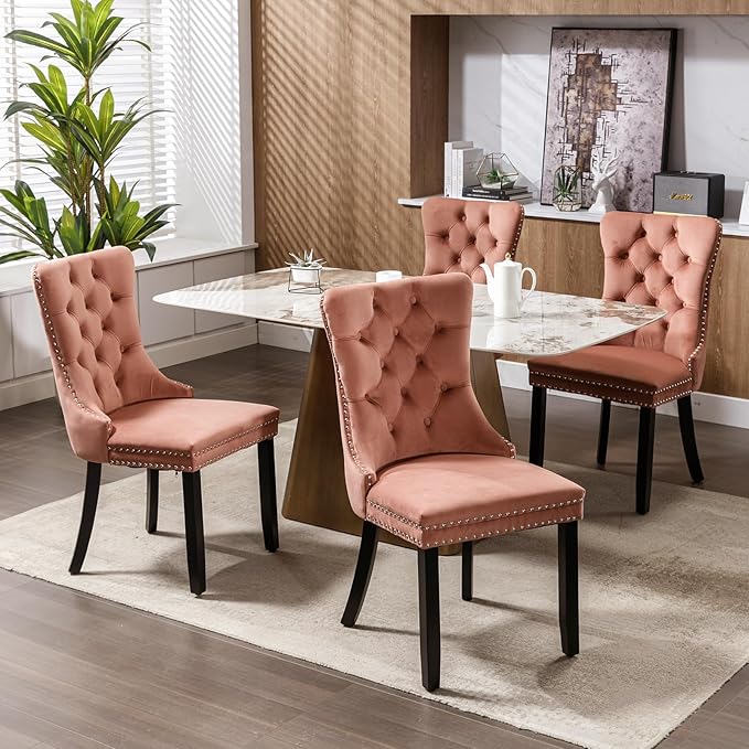 YeahFurn Pink Mid Century Modern Dining Chairs Set of 4, Velvet Upholstered Kitchen & Dining Room Chairs with Nailhead Trim & Solid Wood Legs, Elegant Sillas De Comedor (Pink, 4 Pcs)