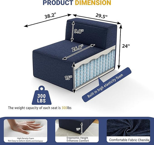 38“ Modular Sectional Sofa Convertible Cube Couch Seat Set, Combine L-Shaped U-Shaped, Free Assembly, Space-Saving for Living Room, Thick Foam Fabric Chenille Blue (Only Armless)