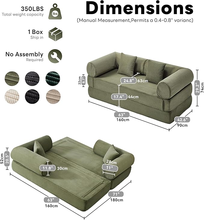 Tbfit 63'' Folding Boneless Couch, Convertible Loveseat Sofa Bed, Corduroy Futon Mattress Sleeper Sofa, Comfy Foldable Upholstered Floor Couches for Living Room, Green