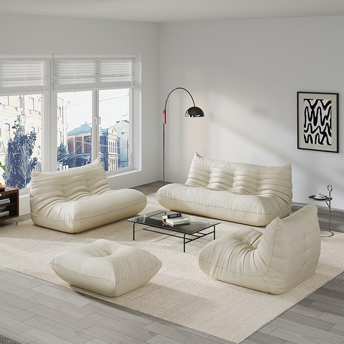 Comfy Lazy Floor Sofa Couch,Soft Armless Chair,Faux Leather Lounge Chair,Corner Relax Sofa Couch for Living Room Bedroom,Salon Office,Adults((White+3P+2P+1P+Ottoman)