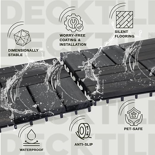 VICTORY RELAX Acacia Wood Decking Tiles 27PCS - Easy Snap Interlocking Deck Tiles for Patio Poolside Balcony Decor - All Weather Waterproof Flooring for Indoor & Outdoor (Round Joints)