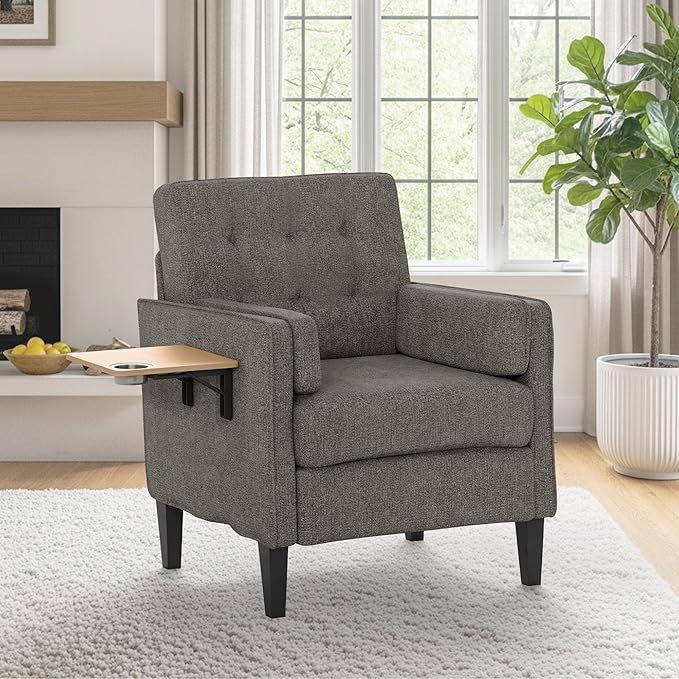 Chenille Accent Chair, Mid Century Modern Arm Chair with Foldable Wooden Side Table & Cup Holder - Comfy Reading Chair for Bedroom,Living Room Chairs,Single Sofa Chair,Dark Grey