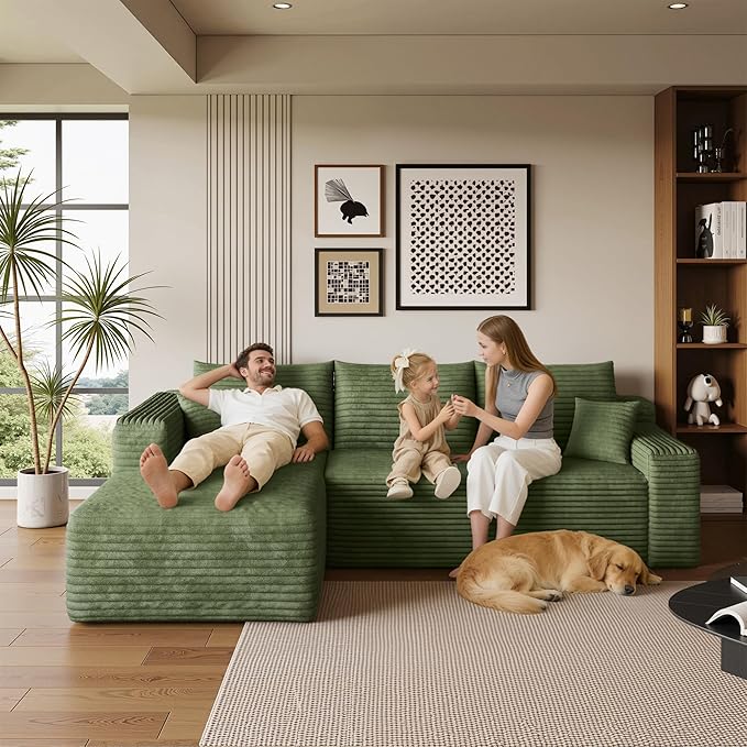 AUGOP 96" Sectional Couches for Living Room Modern Modular Sofa with L-Shape Couchs Upholstered Boneless Couch Deep Seat Sectional Couch with Chaise (Green, 96" Left Facing Chaise+2Seaters)