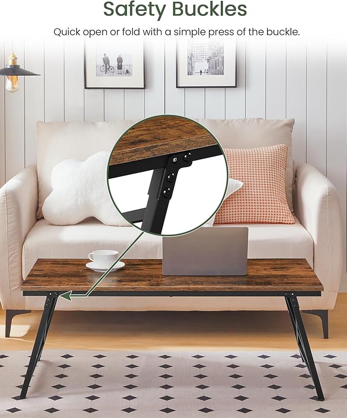 CHOEZON 41.3" Folding Coffee Table with Safety Buckles, Low Coffee Table, Portable Floor Table, for Sitting on The Floor, for Living Room, Bedroom, Balcony, Caravan, Rustic Brown and Black TKF01BF