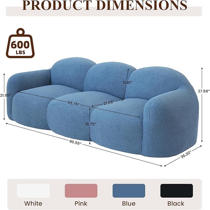 WJShome 90" Modern Curved Upholstered Cloud Couch, Deep Seat 3 Seater Bubble Couch, Cozy Boneless Plush Teddy Velvet Couches for Living Room, Bedroom, Apartment (Blue)