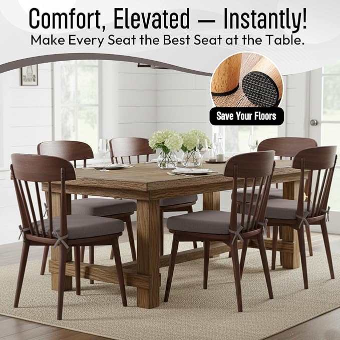D-Shaped Indoor Chair Cushions 17" x 16" for Kitchen & Dining Chairs – 2'' Thick Seat Pads with Ties & Non-Slip Backing, High-Density Foam, Machine-Washable Covers, Set of 2 with Chair Leg Pads, Gray
