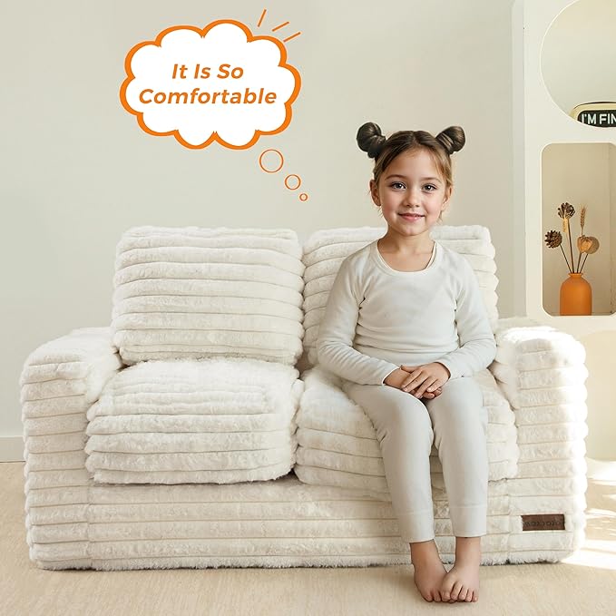 MAXYOYO Extra Wide Kids Bean Bag Chair, Comfy Faux Fur Bean Bag Sofa with Filler, Upholstered Floor Sofa with Pillows and Armrests, Lazy Floor Chair Couch for Boys and Girls, Beige