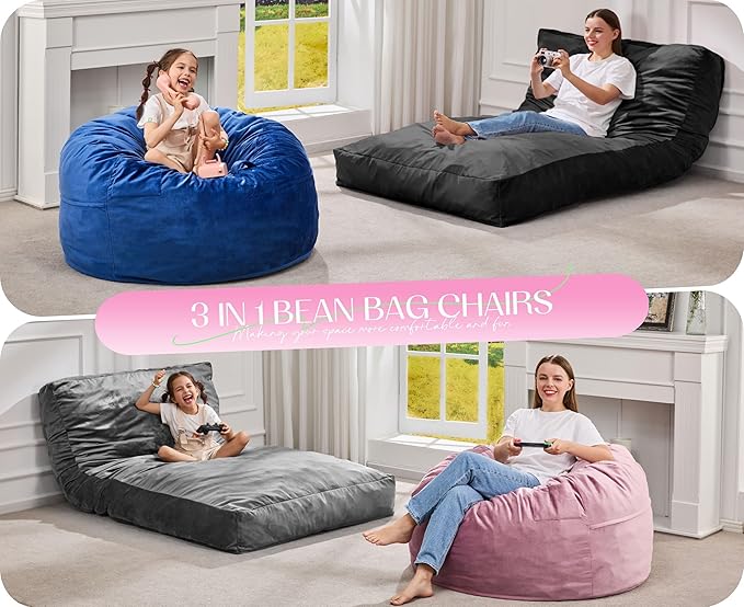 Hobestluk Giant Bean Bag Chair Bed for Adults, Large Bean Bags with High-Density Foam Filling, Convertible Big Sofa Bed Couch for Living Room, Bedroom, Playroom (Black, Queen)