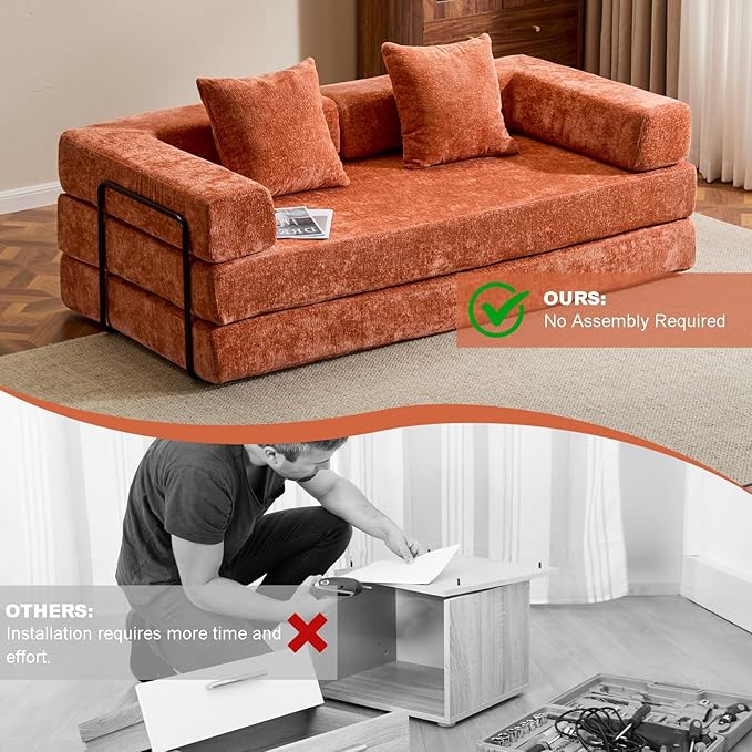 77" Convertible Foldable Floor Couch, 3-Seat Futon Sleeper Sofa for Living Room, Bedroom, or Apartment, with Pillow Backrest and Armrests, Chenille Fabric, No Assembly Required, Orange
