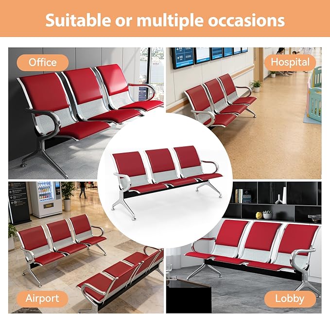 Kinfant Red 6-Seat Waiting Room Chairs with Arms – Heavy-Duty Steel Frame PU Leather Back & Cushioned Seat, Ergonomic Office Reception Guest Chair for Lobby, Clinic, Airport
