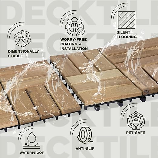 VICTORY RELAX Acacia Wood Decking Tiles 9PCS - Easy Snap Interlocking Deck Tiles for Patio Poolside Balcony Decor - All Weather Waterproof Flooring for Indoor & Outdoor (Round Joints)