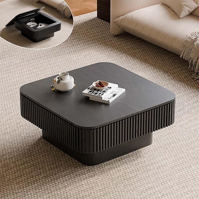 FGXJY Square Small Coffee Table with Storage, Modern Wooden Coffee Table with Solid Wood Veneered, Fluted Center Table Drum Tea Table for Living Room Apartment, 31.5''L×31.5''W×14''H