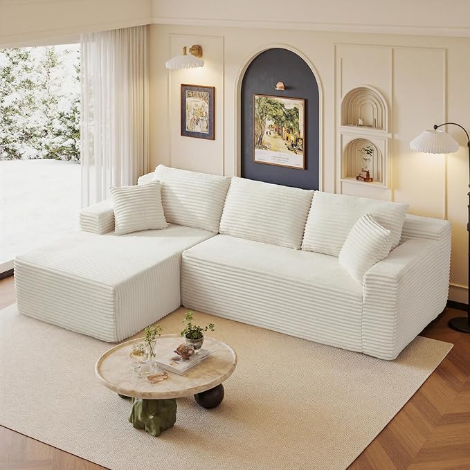 105" Sectional Couches for Living Room Cloud Couch Sofa with L-Shape Upholstered Boneless Couchs Modern Modular Sectional Couch with Chaise (White, 105" W+Left Facing Chaise+2Seaters)