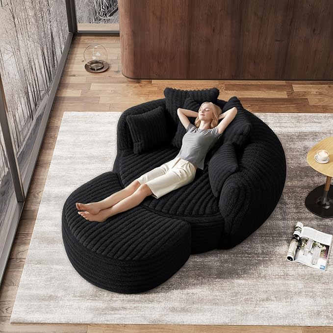 Oversized Chaise Lounge Chair Indoor with Ottoman 50.5" W x 67.0" D Round Soft Corduroy Comfy Oversized Reading Chair with 5 Pillows for Living, Reading Room - Black