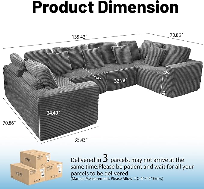 135.5" Cloud Sectional Couch,Boneless Corduroy Sofa for Living Room,Oversized U Shaped Sofa with Chaise,Deep Seat,No Assembly Required,Modular Sectional Sofa（Grey）