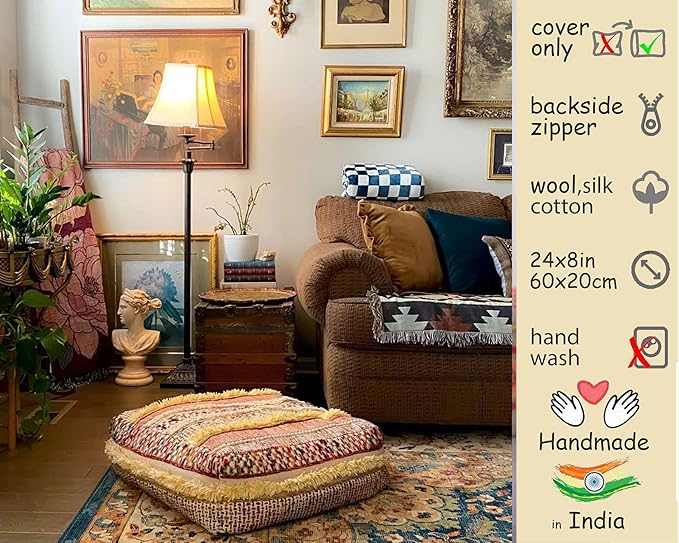 Mandala Life ART Bohemian Floor Cushion Cover - Pure Wool and Cotton Mix - 24x24x8 inches -Filler not Included - Artisan Hand Embroidery Patch Work - Boho Chic Luxury Moroccan Pouf Cover