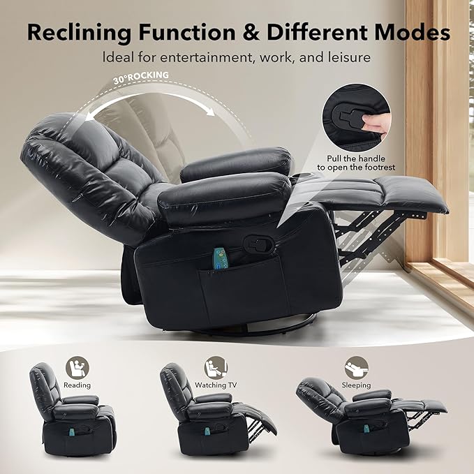 Rocker Recliner Chairs for Adults w/Vibration Massage and Heating,360° Swivel Rocker Glider Recliner,Extra Wide Manual Lazy Chair,PU Leather Overstuffed Soft Sofa Chair for Living Room,Bedroom,Black