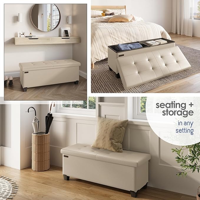 Storage Ottoman Bench with Bins, 43-in Storage Bench for Bedroom End of Bed, Folding Foot Rest Ottoman for Living Room Max 660lbs, Faux Leather Ottomans, Beige