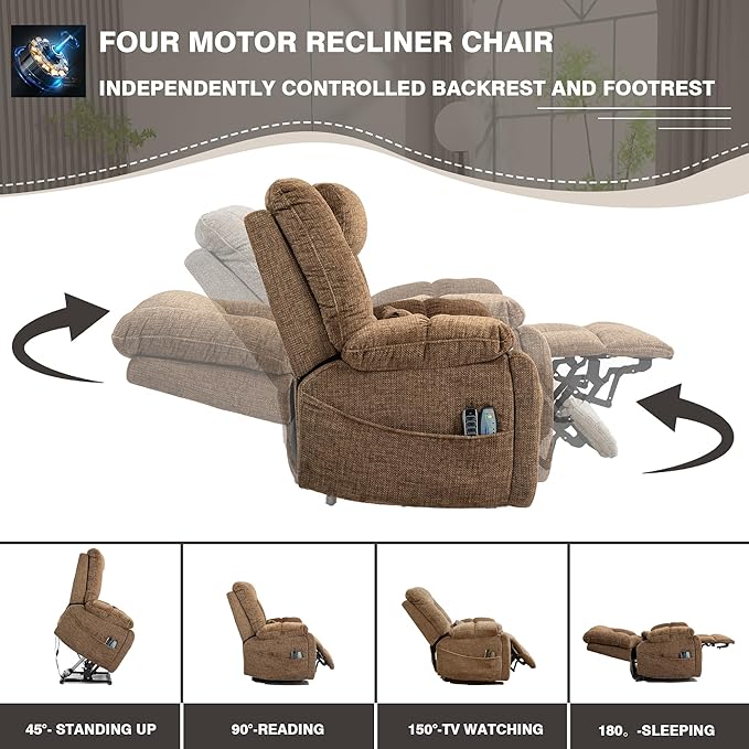 27in Extra Wide Recliner Chair for Big Man 400lbs, 4-Motor Power Lift Recliner Chair with Heat and Massage, Overstuffed Lay Flat Recliner with Hidden Cup Holder for Elderly, Brown