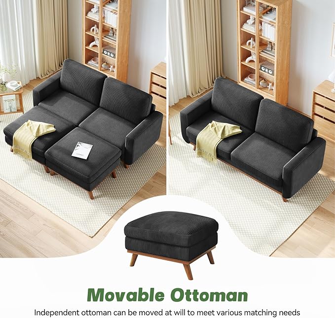 Vesgantti 68" Loveseat Sofa with Movable Ottoman, Comfy Corduroy Couch with Spring Cushion, Sofa Couch with Solid Wood, Modern Office Sofa with Deep Seat for Living Room and Bedroom, Black