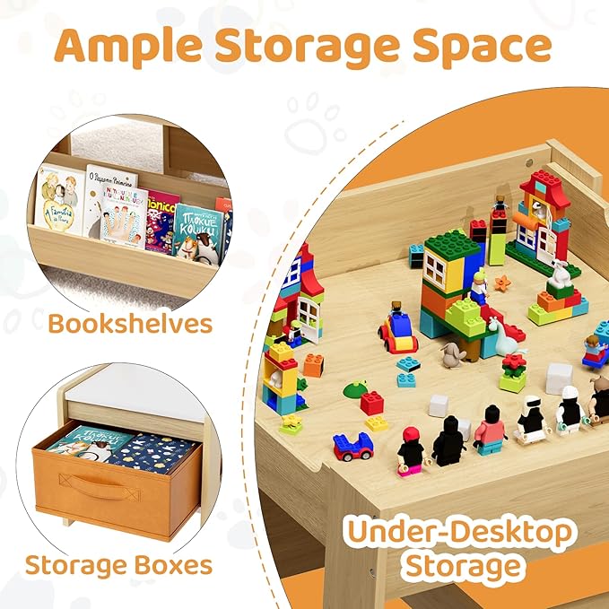 Arlopu Kids Table and Chairs Set, 4 in 1 Toddler Art Desk with Storage Drawer, Wooden Activity Deskboard, Blackboard, Reversible & Detachable Tabletop, Bookshelf for Drawing, Reading (Natural & White)