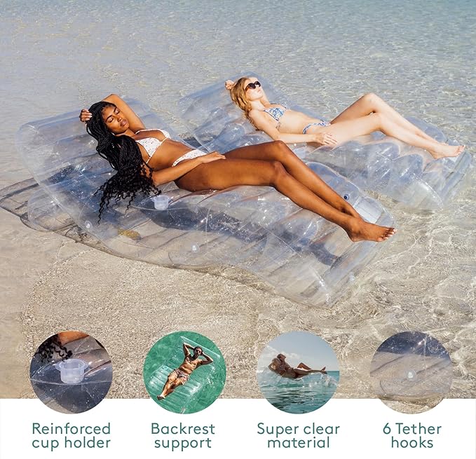 FUNBOY Giant Super Clear Chaise Lounger Pool Float, 1-2 Person Size