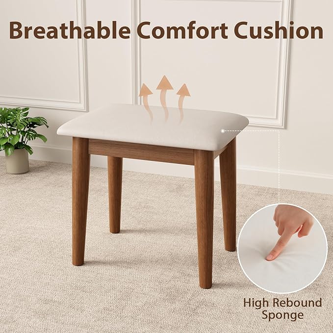DONGMUWUJEE Solid Wood Foot Stool, Upholstered Ottoman Foot Rest for Couch, Padded Footstool, Leg Rest for Chair, Small Bench for Entryway, Cushioned Vanity Stool for Bedroom, Living Room, Walnut