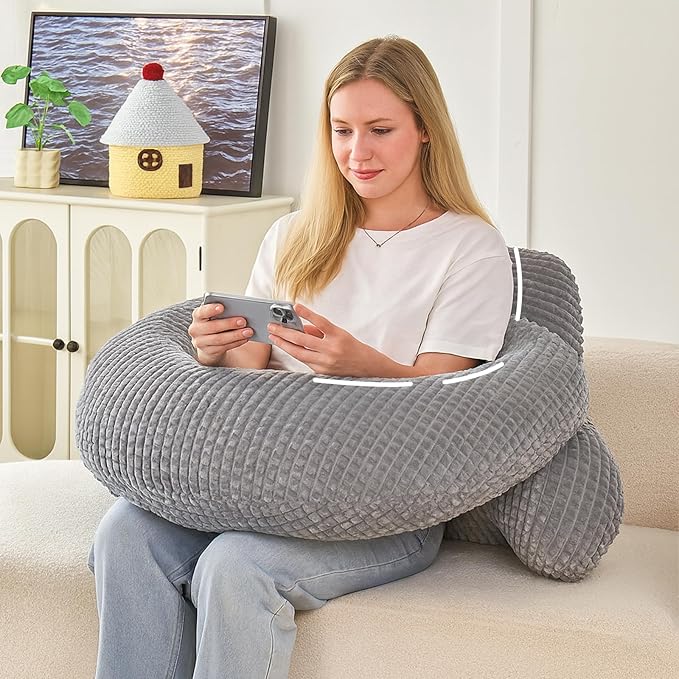 PAJEO Reading Pillow for Bed,U Shaped & Back Support Pillow for Bed,17" Backrest with Lumbar & Arm Support,Comfy Flannel Fabric,Lap Pillow for Gaming/Reading/Watching TV,Gray