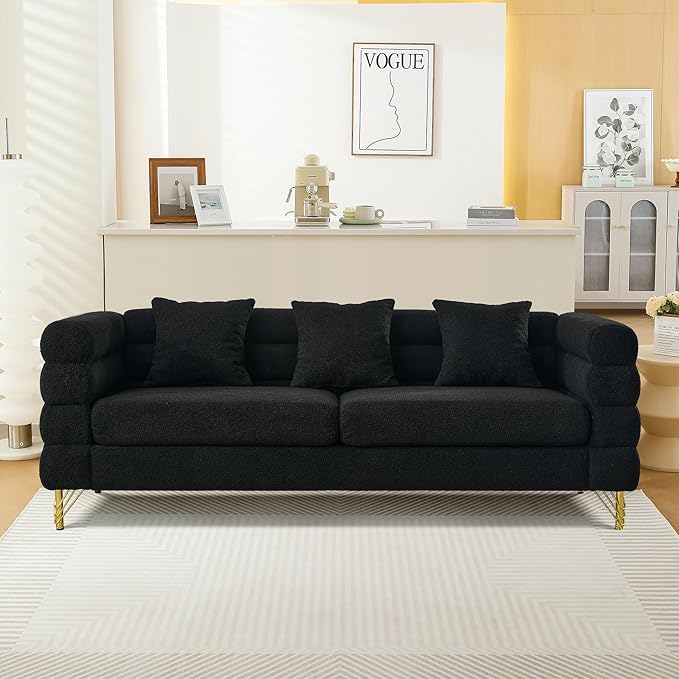 mikibama Modern Teddy Sectional Sofa, 81 Inch Oversized Sofa Couch, Luxury 3 Seater Deep Couch with 3 Pillows and Gold Metal Legs for Living Room, Bedroom, Apartment (Black)
