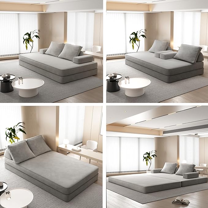 87" Foldable Floor Couch, 3-Seat Convertible Sleeper Sofa with Removable Backrests and 2 Soft Pillows, Chenille Fabric, for Living Room, Bedroom, Apartment, No Assembly Required, Light Grey