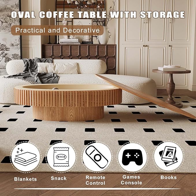 FGXJY Oval Coffee Table with Storage, Modern Wooden Coffee Table with Solid Wood Veneered, Fluted Center Table Drum Tea Table for Living Room Apartment, 47.2''L×23.6''W×14.2''H