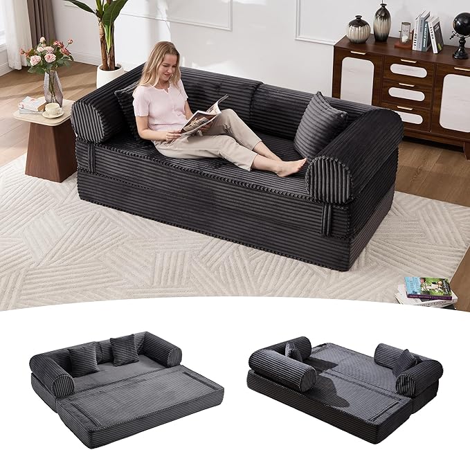 Tbfit 63'' Folding Boneless Couch, Convertible Loveseat Sofa Bed, Corduroy Futon Mattress Sleeper Sofa, Comfy Foldable Upholstered Floor Couches for Living Room, Black