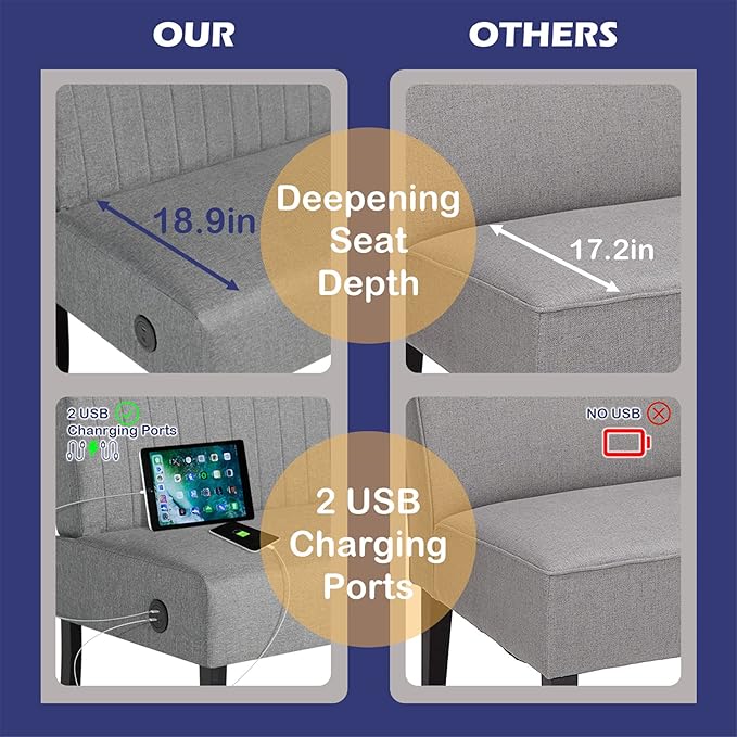 STHOUYN Mini Small Comfy Couch Armless Loveseat Sofa for Bedroom with USB Port, Velvet Couches for Small Spaces Living Room, Apartment Office Dorm (Grey)