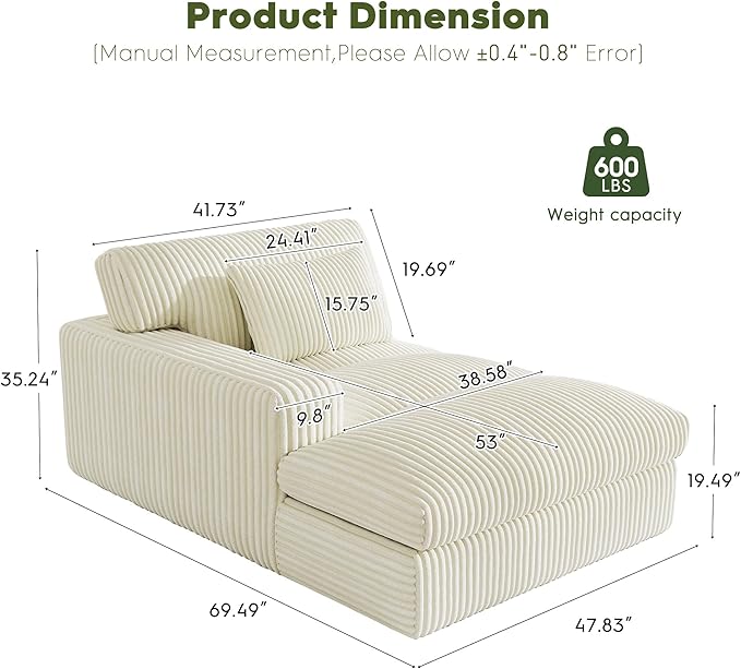 Oversized Chaise Lounge Sofa Chair Indoor，Soft Corduroy Fabric, Boneless sofawith Cushion，A Comfortable, deep-Seated Cloud Sofa for use in The Living Room.(Singler-Left-arm-White)