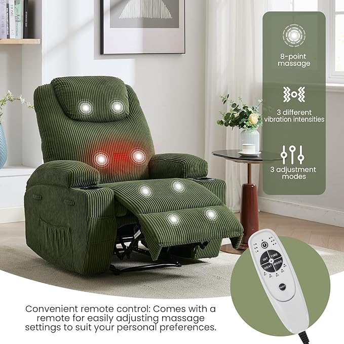 Massage Recliner Chair with Heat - Ultra-Comfortable Reclining (135° Adjustable), Dual Cup Holders & Side Storage Pockets, Easy Tool Assembly, Dark Green