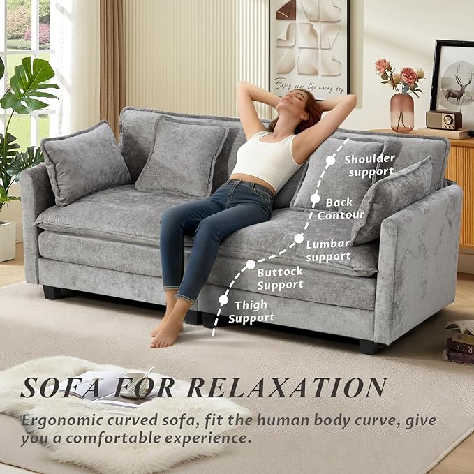 SoarFlash 77.95" Chenille Sectional Sofa, Comfy Modular Loveseat Sofa, Modern 2-Seat Couch Deep Seat Sofa Set for Living Room,Grey