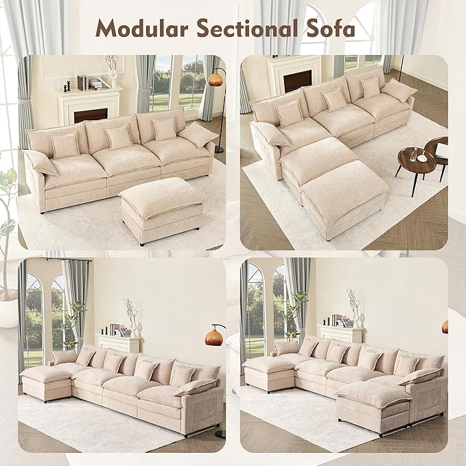 GOSUHI 142.5" U Shaped Couch, Modular Sectional Sofa, 3-Seater Comfy Cloud Couch with Movable Ottoman, Deep Seat Couches for Living Room, Chenille, Flat White