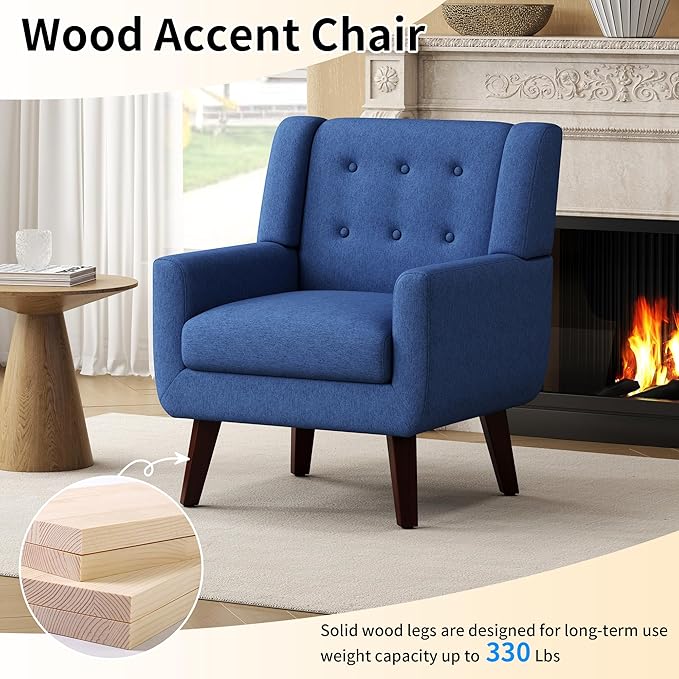 Accent Chairs, Mid-Century Modern Upholstered Living Room Armchair, Comfy Oversized Linen Fabric Single Reading Arm Chair with Tufted Back and Wood Legs for Bedroom, Club (1, Navy)