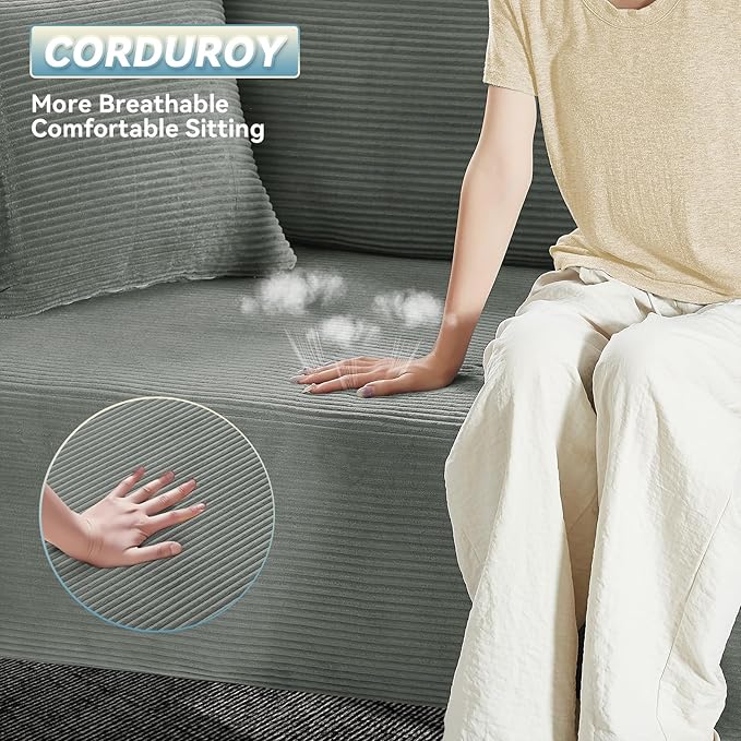 GJQ Convertible Floor Sofa Bed,83" 3 Seater Couch with Pillow Back & Storage Pockets,Corduroy Boneless Couch for Living Room,Compressed Sofa in a Box No Assembly,Light Gray