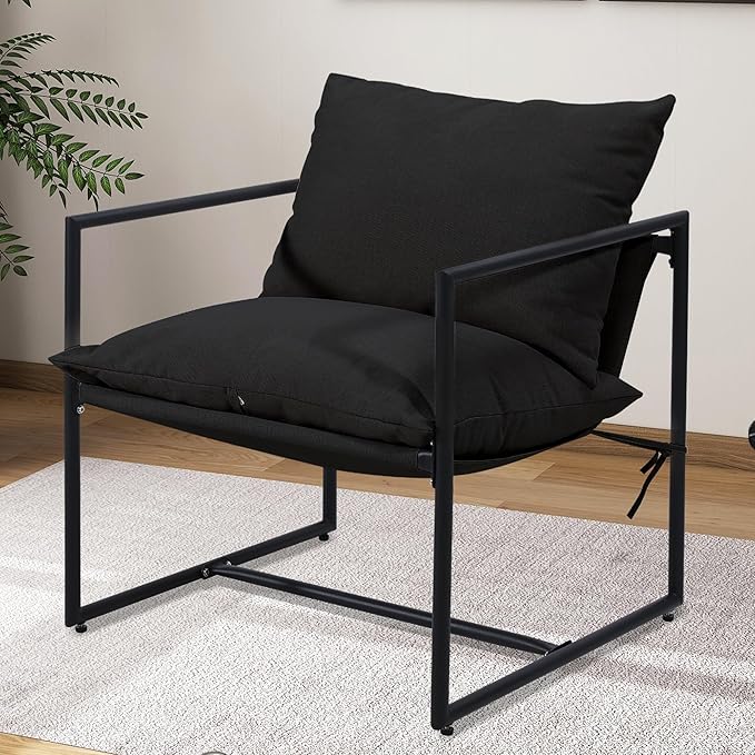 Kromax Sling Accent Chair, Cozy Living Room Chairs, Square Metal Frame, Upholstered Soft Cushion, Sponge, 28" x28“x32, Easy Assembly, Black