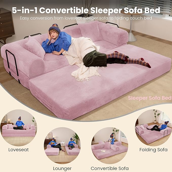 Convertible Sleeper Sofa Bed, 78" Corduroy Foldable Boneless Modular Couch, Memory Foam Compressed Sofa in A Box W/Plush Fabric Comfy Floor Lounge Couch for Living Room Apartment Bedroom, Pink